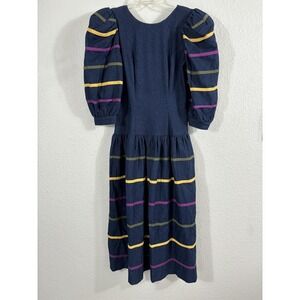 Vintage Leslie Lucks Dress Womens Medium Striped Denim Puff Sleeve 3/4 80s